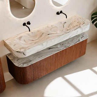 MONDIAZ THOR-DLUX 160cm meuble de salle de bains arrondi gauche + droite couleur Ruby avec 1 tiroir et 2 portes. Vasque suspendue CLOUD Double sans trou de robinet couleur Glace.