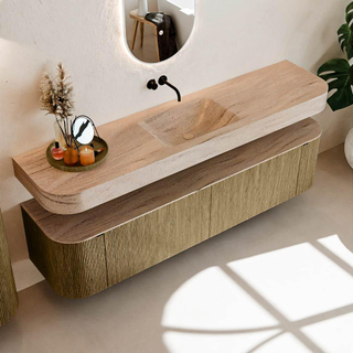 MONDIAZ THOR-DLUX Meuble de salle de bains 190cm arrondi gauche + droite couleur Dusk avec 2 tiroirs et 2 portes. Vasque suspendue CLOUD Milieu sans trou de robinet couleur Saba.