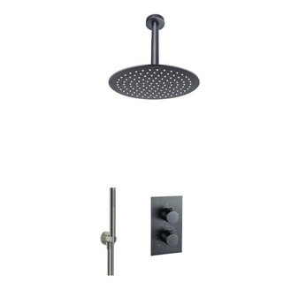 Fortifura Calvi Inbouw Regendoucheset - thermostatisch - plafondarm - 30cm hoofddouche - staaf handdouche - gladde doucheslang - geborsteld Gunmetal PVD