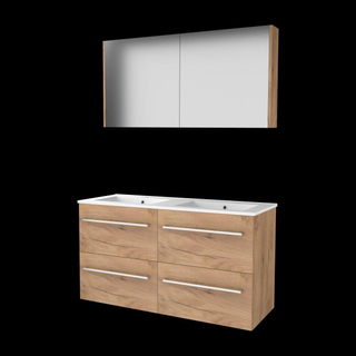 Basic-Line ensemble de meubles de salle de bain comfort 46 120x46cm avec poignées 4 tiroirs lavabo en porcelaine 2 trous de robinetterie armoire de toilette mfc whisky oak