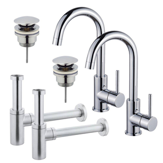 FortiFura Calvi Kit robinet lavabo - pour double vasque - robinet haut - bec rotatif - bonde clic clac - siphon design - Chrome brillant
