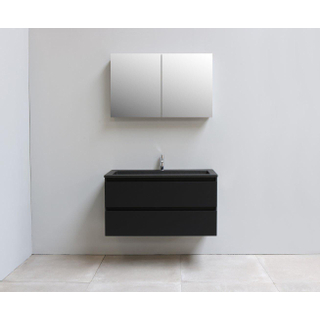 Basic Bella Meuble avec lavabo acrylique noir avec 1 trou de robinet et armoire de toilette à 2 portes grise 100x55x46cm Flat Pack Noir mat