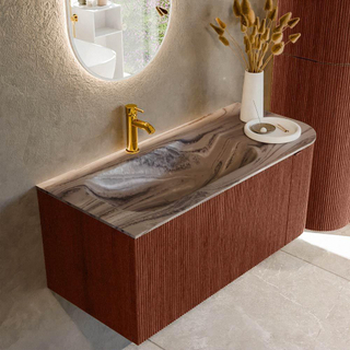 MONDIAZ KURVE-DLUX 105cm badmeubel ronding Rechts kleur Ruby met 1 lade en 1 deur. Wastafel BIG SMALL Links 1 kraangat Sombra.