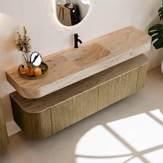 MONDIAZ THOR-DLUX 180cm meuble de salle de bains arrondi gauche + droite couleur Dusk avec 2 tiroirs et 2 portes. Vasque suspendue CLOUD Milieu 1 trou de robinet couleur Arena.