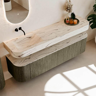 MONDIAZ THOR-DLUX Meuble de salle de bains - 180cm - arrondi gauche + droite - couleur Shadow - 2 tiroirs - 2 portes - Vasque suspendue CLOUD Gauche sans trou de robinet - couleur Nata