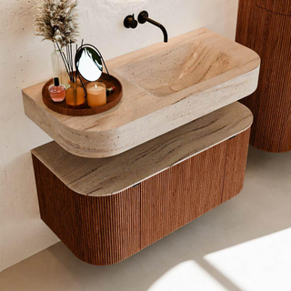 MONDIAZ THOR-DLUX 100cm meuble de salle de bains arrondi gauche + droite couleur Ruby avec 1 tiroir et 2 portes. Vasque suspendue CLOUD Droite sans trou de robinet couleur Saba.