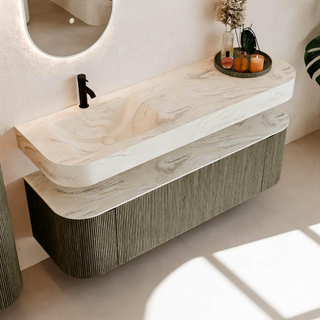 MONDIAZ THOR-DLUX 150cm meuble de salle de bains arrondi gauche + droite couleur Shadow avec 1 tiroir et 2 portes. Vasque suspendue CLOUD Gauche 1 trou de robinet couleur Ostra.