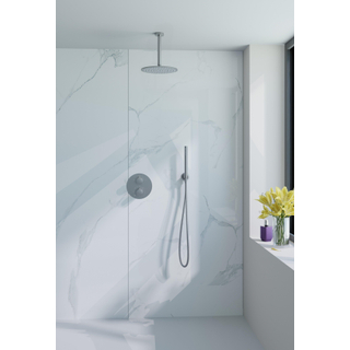 Fortifura Calvi Ensemble de douche à l'italienne - rond - thermostatique - bras plafond - douche principale de 25 cm - douchette à main - flexible lisse - Acier inoxydable brossé PVD (inox)