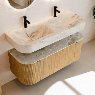 MONDIAZ THOR-DLUX 120cm meuble de salle de bains arrondi gauche + droite couleur Oak avec 1 tiroir et 2 portes. Vasque suspendue CLOUD Double 2 trous de robinet couleur Frappe.