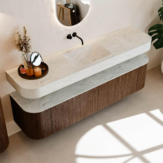 MONDIAZ THOR-DLUX Meuble de salle de bains - 180cm - arrondi gauche + droite - couleur Walnut - 2 tiroirs et 2 portes - Vasque suspendue CLOUD Milieu sans trou de robinet - couleur Opalo