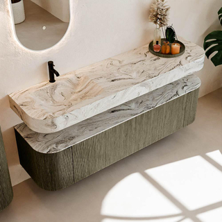 MONDIAZ THOR-DLUX Meuble de salle de bains 170cm arrondi gauche + droite couleur Shadow avec 1 tiroir et 2 portes. Vasque suspendue CLOUD Gauche 1 trou de robinet couleur Glace.