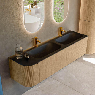 MONDIAZ KURVE 165cm Meuble salle de bain avec module 25 G - couleur Oak - 2 tiroirs - 1 porte - vasque BIG SMALL double / droite - 2 trous de robinet - Urban