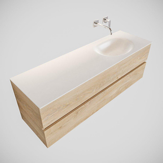 ENSEMBLE DE MEUBLE MONDIAZ VICA - 150 cm - 2 tiroirs - lavabo Moon à droite - 0 trous de robinet - solid surface chêne blanchi