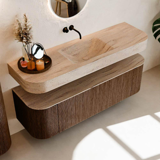 MONDIAZ THOR-DLUX 150cm badmeubel ronding links + rechts kleur Walnut met 1 lade en 2 deuren. Vrijhangende wastafel CLOUD Midden zonder kraangat kleur Saba.