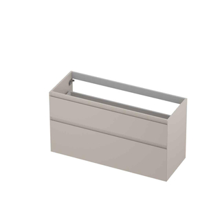 INK Faktor wastafel 120x45 wasbak links 1 kraangat polystone wit glans INK Wastafelonderkast 2 lades greeploos a symmetrisch MDF lak Mat kasjmier grijs