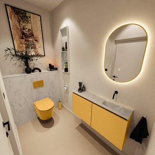 MONDIAZ TURE-DLUX Meuble toilette - 100cm - Ocher - EDEN - vasque Opalo - position droite - sans trou de robinet
