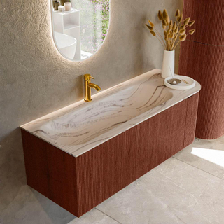 MONDIAZ KURVE-DLUX 125cm badmeubel ronding Rechts kleur Ruby met 1 lade en 1 deur. Wastafel BIG MEDIUM Links 1 kraangat Nata.