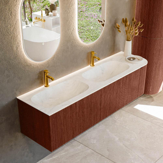 Mondiaz KURVE-DLUX Ensemble de meuble salle de bain - 165x46x40cm - 2 tiroirs - 1 porte - lavabo en solid surface - double / gauche - 2 trous de robinet - Ruby
