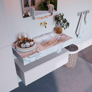 Mondiaz ALAN-DLUX Ensemble de meuble - 100cm - meuble Cale mat - 1 tiroir - Lavabo Cloud Glace suspendu - vasque Droite - 0 trous de robinet