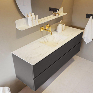 Mondiaz VICA-DLUX ensemble de meuble de salle de bain - 150cm - meuble sous-vasque gris foncé - 2 tiroirs - lavabo encastré nuage milieu - sans trous de robinet - version haute de 60cm - opalo