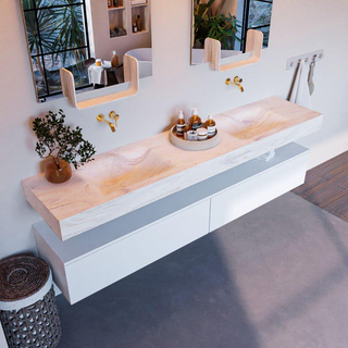 Mondiaz ALAN-DLUX Ensemble de meuble - 200cm - meuble Talc mat - 2 tiroirs - Lavabo Cloud Ostra suspendu - vasque Gauche et droite - 0 trous de robinet