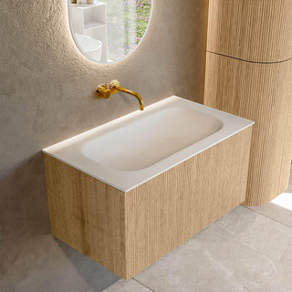 MONDIAZ KURVE 80cm Meuble salle de bain - couleur Oak - 1 tiroir - vasque BIG SMALL centre - sans trous de robinet - Talc