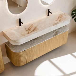 MONDIAZ THOR-DLUX 160cm meuble de salle de bains arrondi gauche + droite couleur Oak avec 1 tiroir et 2 portes. Vasque suspendue CLOUD Double 2 trous de robinet couleur Frappe.