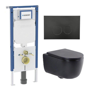 QeramiQ Dely Swirl Toiletset - 36.3x51.7cm - Geberit UP720 Duofix Sigma inbouwreservoir - slim zitting - mat zwarte bedieningsplaat - ronde knoppen - mat zwart