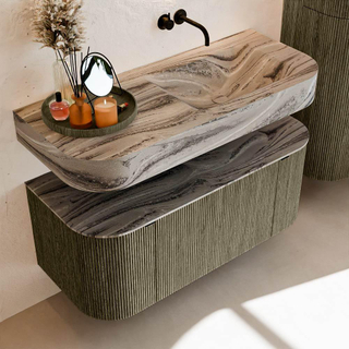 MONDIAZ THOR-DLUX 110cm meuble de salle de bains arrondi gauche + droite couleur Shadow avec 1 tiroir et 2 portes. Vasque suspendue CLOUD Droite sans trou de robinet couleur Sombra.