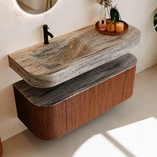 MONDIAZ THOR-DLUX 120cm meuble de salle de bains arrondi gauche + droite couleur Ruby avec 1 tiroir et 2 portes. Vasque suspendue CLOUD Gauche 1 trou de robinet couleur Oza.