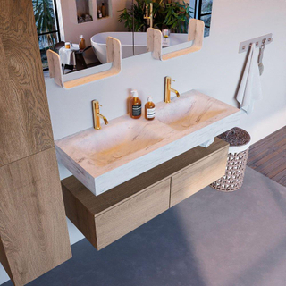 Mondiaz ALAN-DLUX Ensemble de meuble - 120cm - meuble Washed Oak mat - 2 tiroirs - Lavabo Cloud Opalo suspendu - vasque Gauche et droite - 2 trous de robinet