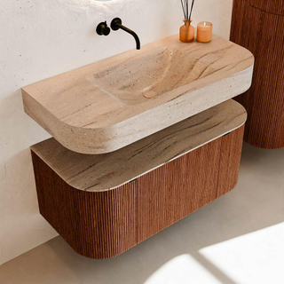 MONDIAZ THOR-DLUX 100cm badmeubel ronding links + rechts kleur Ruby met 1 lade en 2 deuren. Vrijhangende wastafel CLOUD Midden zonder kraangat kleur Saba.