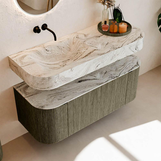 MONDIAZ THOR-DLUX 120cm meuble de salle de bains arrondi gauche + droite couleur Shadow avec 1 tiroir et 2 portes. Vasque suspendue CLOUD Gauche sans trou de robinet couleur Glace.