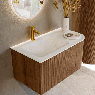 MONDIAZ KURVE-DLUX 85cm Meuble salle de bain avec module 25 D - couleur Walnut - 1 tiroir - 1 porte - vasque CLOUD gauche - 1 trou de robinet - couleur Opalo