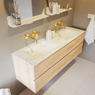 Mondiaz VICA-DLUX ensemble de meuble de salle de bain - 150cm - meuble sous-vasque chêne blanchi - 2 tiroirs - lavabo encastré cloud double - sans trous de robinet - version haute de 60cm - opalo