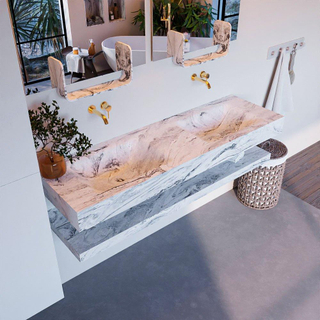 Mondiaz ALAN-DLUX Ensemble de meuble - 150cm - meuble Glace mat - 0 tiroirs - Lavabo Cloud Glace suspendu - vasque Gauche et droite - 0 trous de robinet