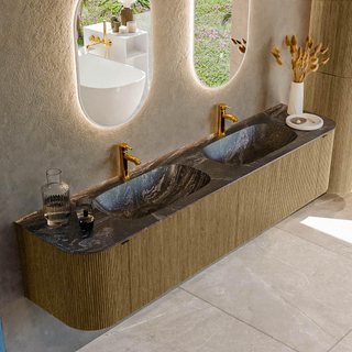 Mondiaz KURVE-DLUX Ensemble de meuble salle de bain - 200x46x40cm - 2 tiroirs - 2 portes - lavabo en solid surface - double - 2 trous de robinet - Dusk