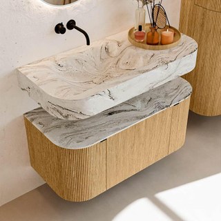 MONDIAZ THOR-DLUX 100cm meuble de salle de bains arrondi gauche + droite couleur Oak avec 1 tiroir et 2 portes. Vasque suspendue CLOUD Gauche sans trou de robinet couleur Glace.