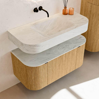 MONDIAZ THOR-DLUX 100cm badmeubel ronding links + rechts kleur Oak met 1 lade en 2 deuren. Vrijhangende wastafel CLOUD Midden zonder kraangat kleur Opalo.