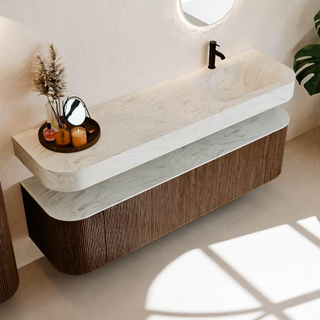 MONDIAZ THOR-DLUX 170cm meuble de salle de bains arrondi gauche + droite couleur Walnut avec 1 tiroir et 2 portes. Vasque suspendue CLOUD droite 1 trou de robinet couleur Opalo.