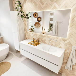 MONDIAZ VICA meuble sous lavabo 150cm Talc 2 tiroirs. Lavabo MOON à droite sans trou de robinet, couleur Talc.
