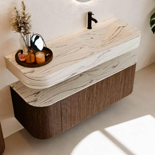 MONDIAZ THOR-DLUX 130cm meuble de salle de bains arrondi gauche + droite couleur Walnut avec 1 tiroir et 2 portes. Vasque suspendue CLOUD Droite 1 trou de robinet couleur Nata.