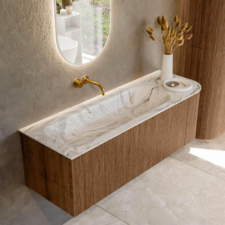 MONDIAZ KURVE-DLUX 135cm Meuble salle de bain avec module 25 D - couleur Walnut - 1 tiroir - 1 porte - vasque BIG MEDIUM gauche - sans trou de robinet - couleur Glace