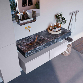 Mondiaz ALAN-DLUX Ensemble de meuble - 130cm - meuble Cale mat - 2 tiroirs - Lavabo Cloud Lava suspendu - vasque Gauche - 0 trous de robinet