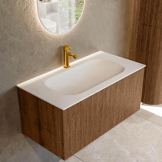 MONDIAZ KURVE 90cm Meuble salle de bain - couleur Walnut - 1 tiroir - vasque BIG SMALL centre - 1 trou de robinet - Talc