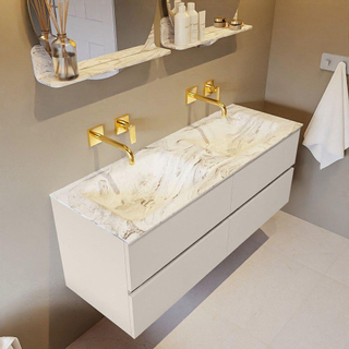 Mondiaz VICA-DLUX ensemble de meuble de salle de bain - 130cm - meuble sous-vasque lin - 4 tiroirs - lavabo encastrée cloud double - sans trous de robinet - version haute de 60cm - glace