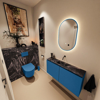 MONDIAZ TURE-DLUX Meuble toilette - 100cm - Jeans - EDEN - vasque Lava - position centrale - sans trou de robinet