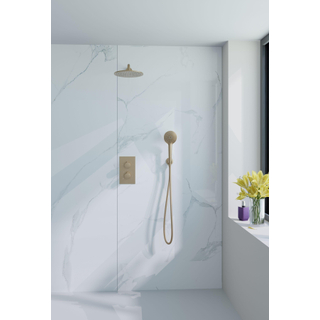 Fortifura Calvi Ensemble de douche pluie encastrable - thermostatique - bras mural - pommeau 25cm - douchette ronde - flexible lisse - Laiton brossé (doré)