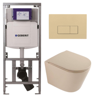 QeramiQ Dely Pack WC - 36,3x51,7cm - à fond creux - sans bride - réservoir encastré Geberit UP320 - abattant WC à fermeture douce - plaque de déclenchement beige - boutons rectangulaires - mat beige