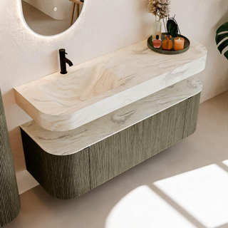 MONDIAZ THOR-DLUX Meuble de salle de bains 140cm arrondi gauche + droite couleur Shadow avec 1 tiroir et 2 portes. Vasque suspendue CLOUD Gauche 1 trou de robinet couleur Ostra.